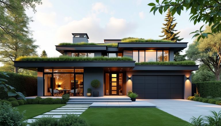 Modern elegance meets sustainability: Innovative roof designs with lush greenery blend seamlessly with this contemporary home's architecture.