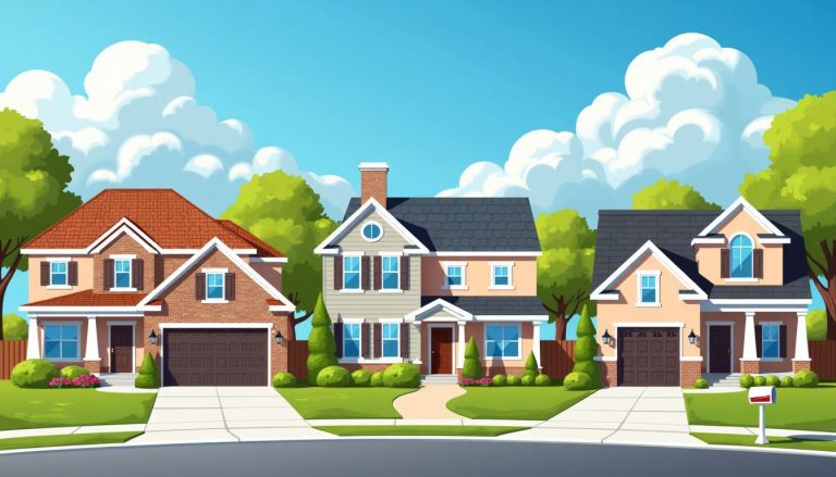 Charming neighborhood scene showcasing diverse roofing types for every architectural style.