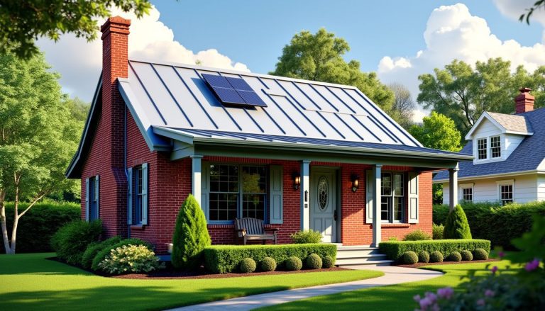 Charming and energy-efficient, this brick house features a sleek metal roof that complements its classic design.