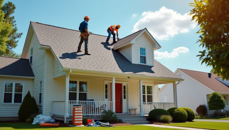 Workers diligently restore the roof on a sunny day, ensuring the home is secure and protected.
