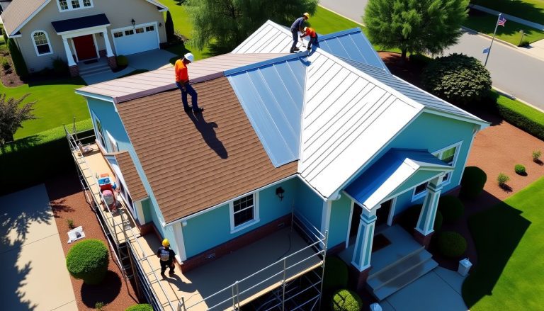 Skilled workers focus on an iron roof restoration, bringing new life and durability to this home.