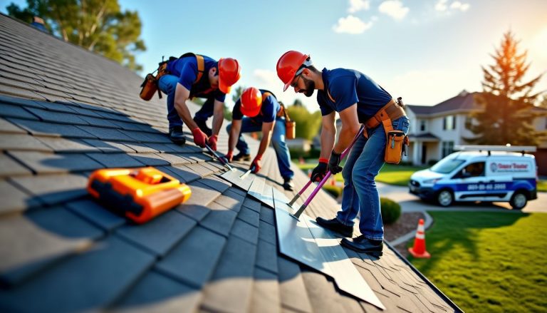 Local roofing and restoration experts hard at work, ensuring your home is safe and secure.