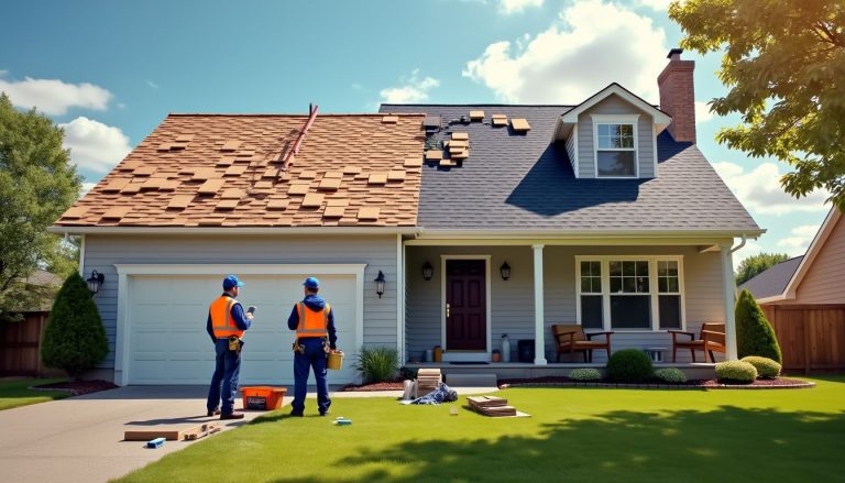 Choosing roof restoration vs replacement: Two workers evaluate the best option for this home's roof.