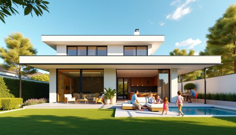 Family enjoying a sunny day by the pool of their modern flat roof home.