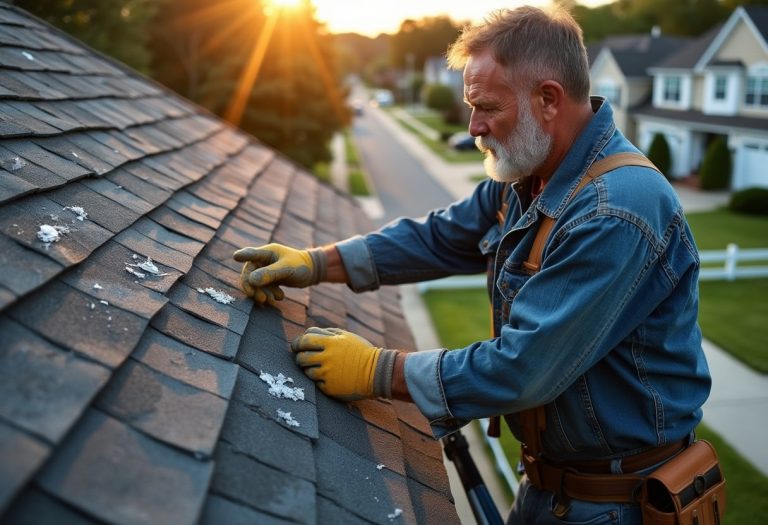 A roofer carefully examines hail damage on a roof, ensuring every detail is assessed under the golden evening light.