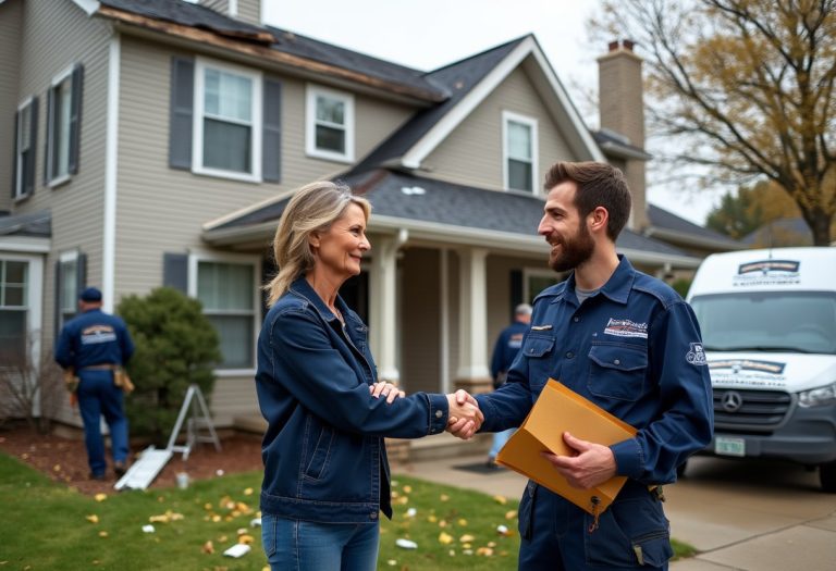 Homeowner meets with hail damage roofing contractors to discuss repairs.