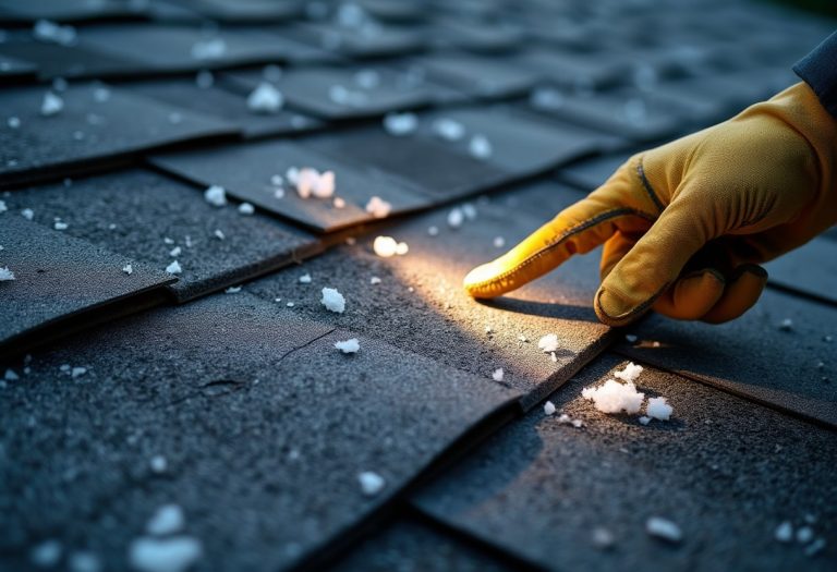 Inspecting the roof for signs of hail damage—discover what hail damage on shingles looks like with careful examination of dents and surface granule loss.
