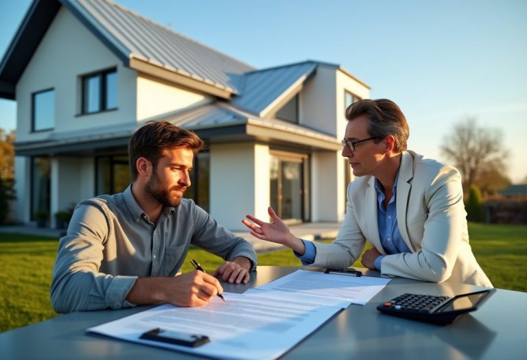 A homeowner discusses policy details with an agent, asking "Do insurance companies cover metal roofs?" as they finalize paperwork outside their new metal-roofed house.