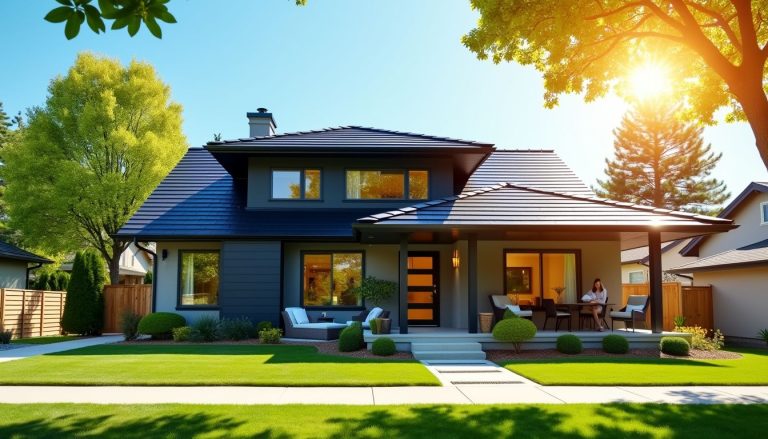 Does a black roof make your house hotter? This stylish modern home basks in the sunlight, showcasing its sleek design and lush surroundings.