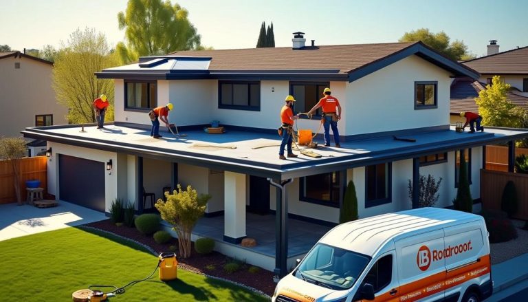 Skilled workers tackle a flat roof replacement, showcasing the professional touch needed to manage flat roof replacement costs effectively.