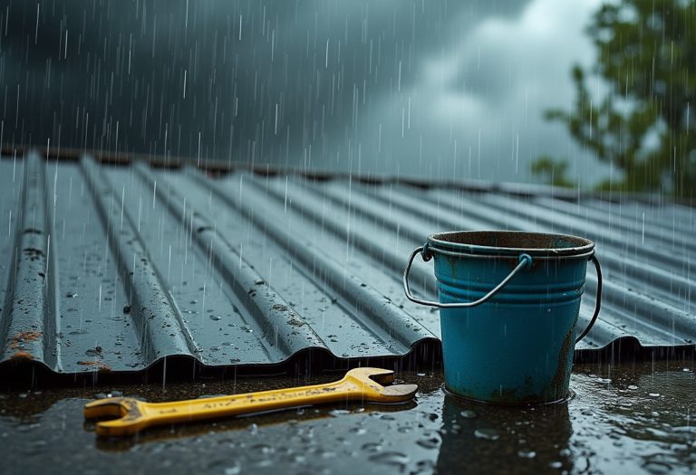 Rainy day repairs: a trusty wrench awaits alongside the blue bucket to tackle the storm's challenge.