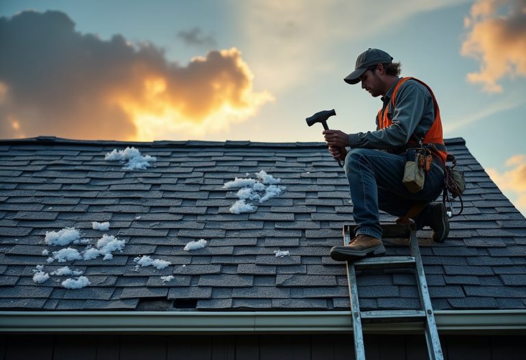Inspecting the aftermath: a roofer repairs shingles to demonstrate what hail damage on a roof looks like.