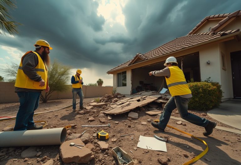 Construction workers assess the damage after a severe storm caused a phoenix roof collapse, highlighting the need for urgent repairs.
