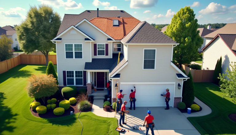 A skilled team works on remodeling the roof, ensuring this beautiful home gets a fresh, upgraded look.