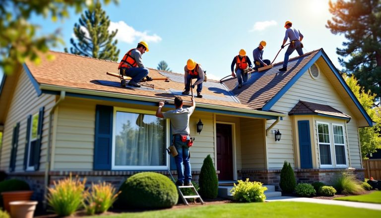 Skilled workers restore roofing to enhance the home's durability and appearance.