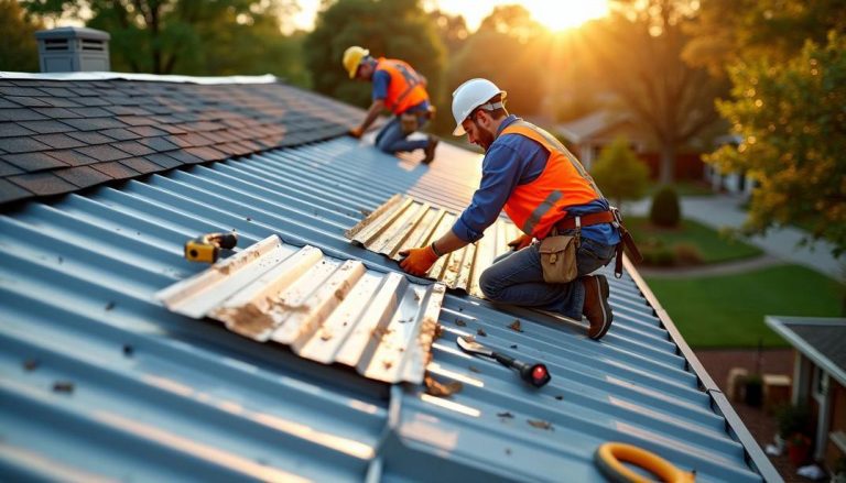 Skilled workers meticulously carry out a metal roof replacement under the golden glow of the setting sun.