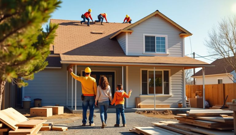 Family excitedly watches as their dream home takes shape with expert roofing and remodeling.