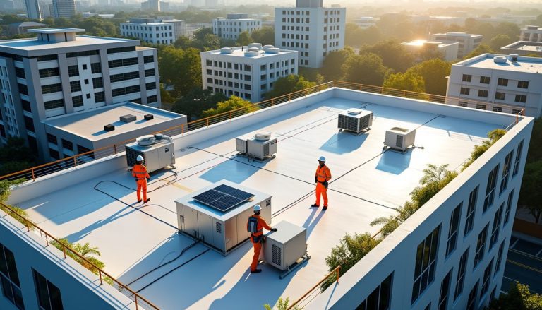 Workers inspect rooftop HVAC systems on a commercial building, illustrating why do commercial buildings have flat roofs—they provide easy access for maintenance and maximize usable space for equipment.