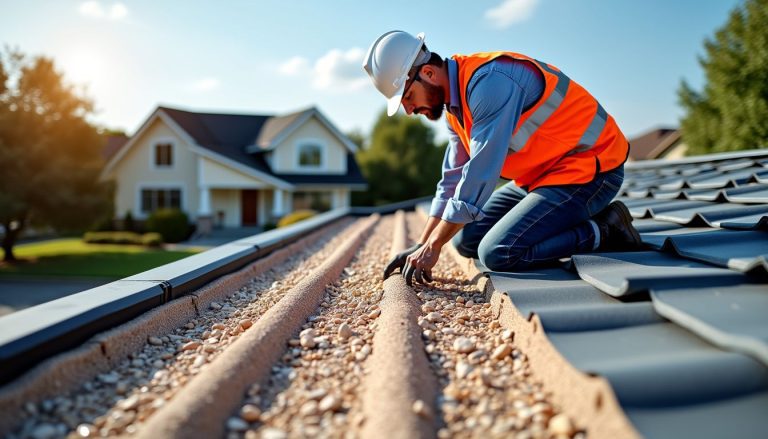 A construction worker carefully spreads gravel on a roof, sparking curiosity: why do they put gravel on roofs? Gravel enhances durability, provides protection from UV rays, and improves drainage.