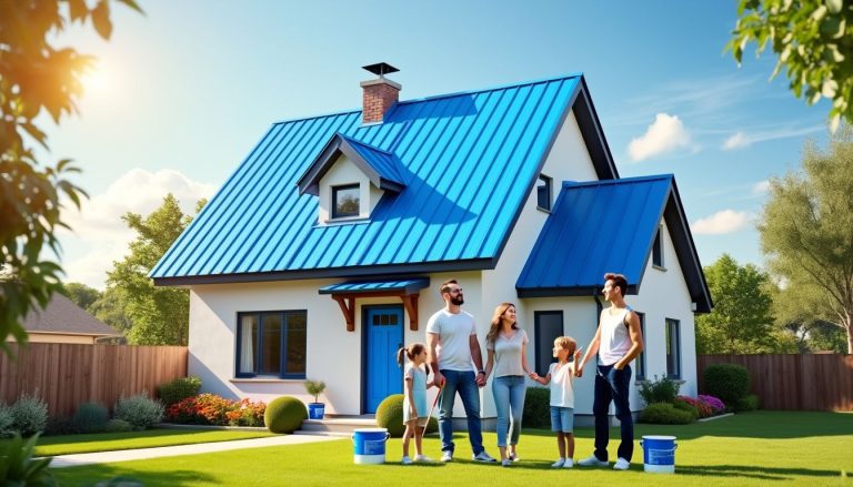 Family stands proudly by their newly painted blue roof, pondering why paint roof blue adds a touch of charm and eco-friendly benefits to their home.