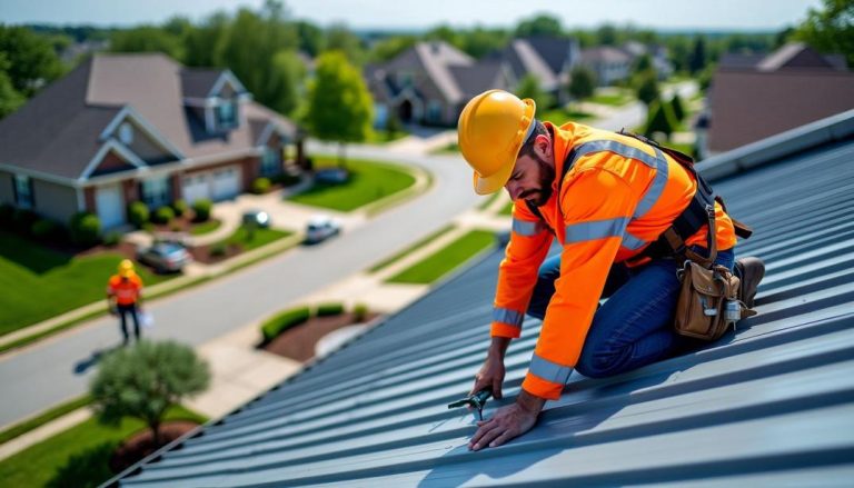 A skilled metal roofing contractor ensures durability and precision on a suburban home project.