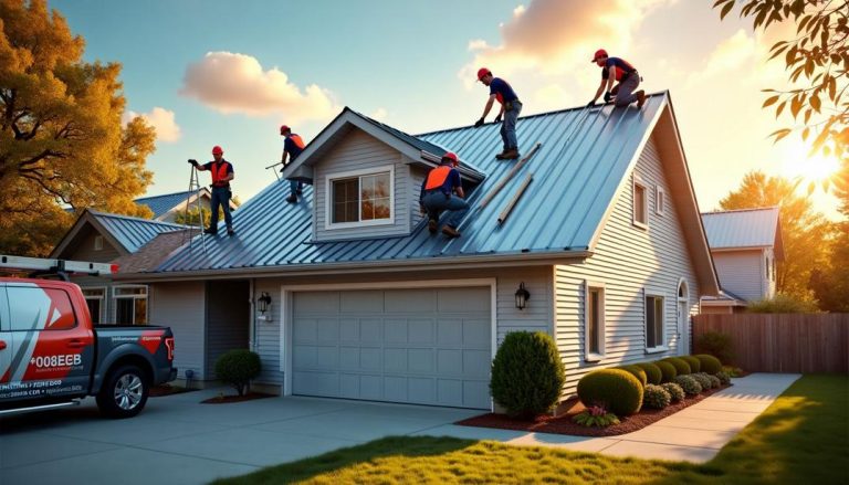 Skilled tin roofing contractors hard at work, ensuring quality and durability for this home.