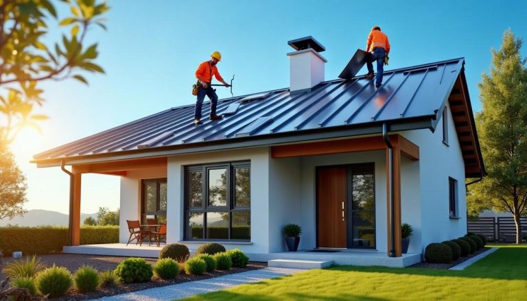 Expert contractors installing a new metal roof while discussing the metal roof replacement cost for this cozy home.