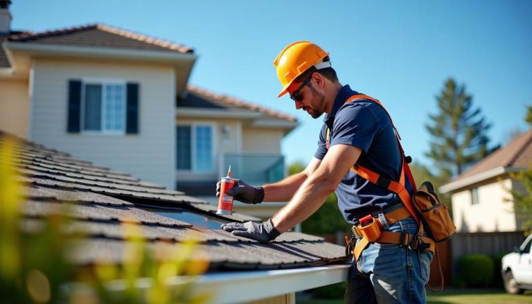 Focused on the task, a professional handles a leaking roof repair with precision and care.
