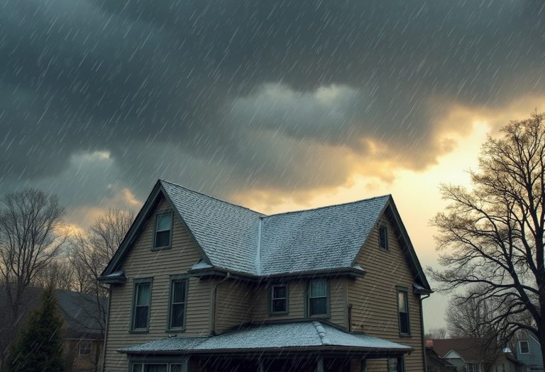 Amidst the stormy skies, a cozy home battles the challenge of roof leaks in heavy rain.