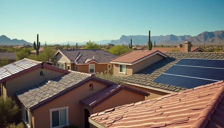 Choosing the Best Roofing Materials for Gilbert’s Desert Climate: Durable tiles and solar panels enhance energy efficiency amidst the stunning desert backdrop.