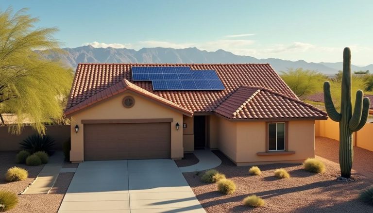 Choosing the Best Roofing Materials for Scottsdale’s Desert Climate: This home features a stylish tile roof and solar panels, perfect for energy efficiency and heat resistance in the arid landscape. - Stonecreek Roofing Choosing the Best Roofing Materials for Scottsdale’s Desert Climate: This home features a stylish tile roof and solar panels, perfect for energy efficiency and heat resistance in the arid landscape.