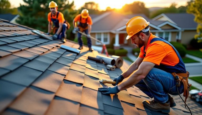 Hard at work even as the sun sets—do companies that replace roofs work on the weekends? These dedicated professionals sure do!