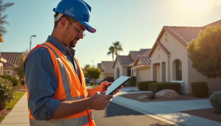 A contractor reviews plans for roof replacements in a Gilbert neighborhood, highlighting how Gilbert’s housing market trends affect roof replacement decisions.