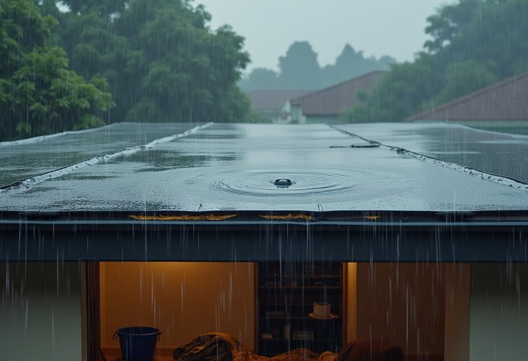 Dealing with flat roof leaks in heavy rain: A common household challenge on wet days.