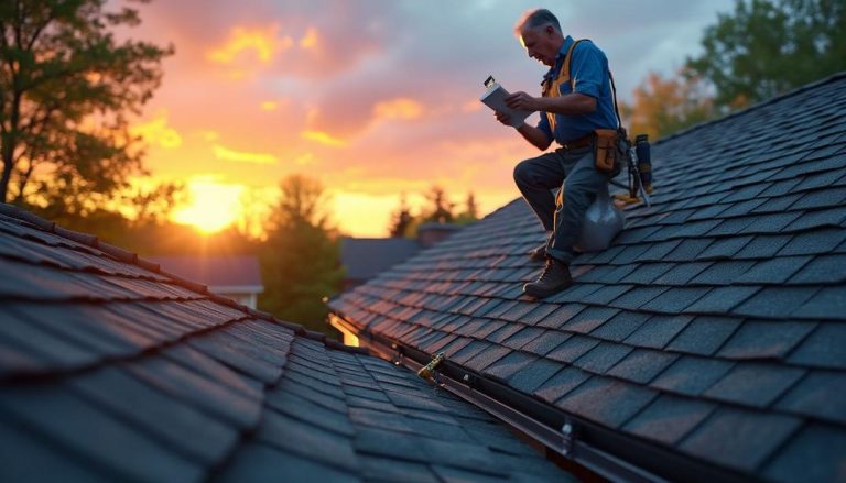 Preparing Your Chandler Roof for Monsoon Season: A diligent homeowner inspects roof shingles at sunset, ensuring everything is secure before the storms roll in.