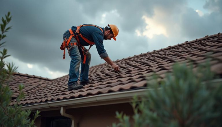 Ensuring safety first, a worker inspects the rooftop tiles—an essential step in Preparing Your Gilbert Roof for Monsoon Season.