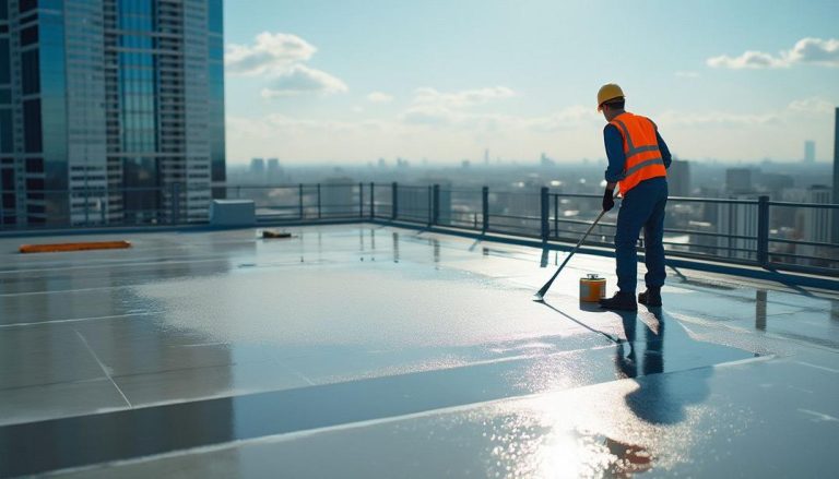 A worker applies roof repair coatings under the bright city skyline to ensure a sturdy and weatherproof finish.