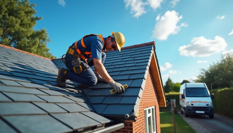 Precision in action: A dedicated professional focuses on slate roof repair under a clear blue sky.