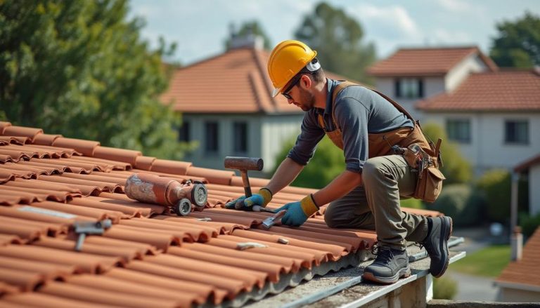 Skilled craftsman hard at work on tile roof repair, ensuring every home is safe and secure.