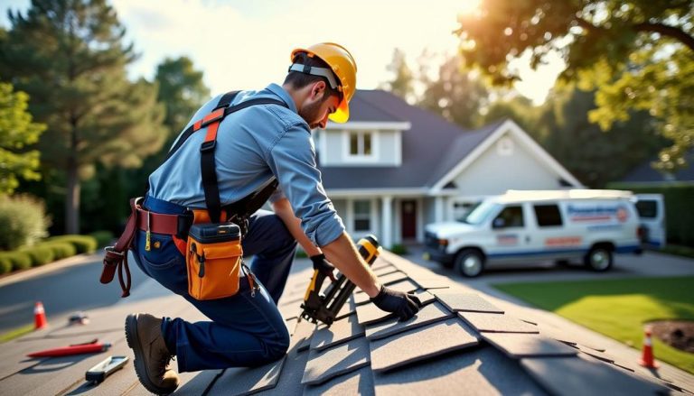A roofing contractor hard at work, demonstrating what a roofing contractor does: ensuring every shingle is perfectly placed for a durable and reliable roof.