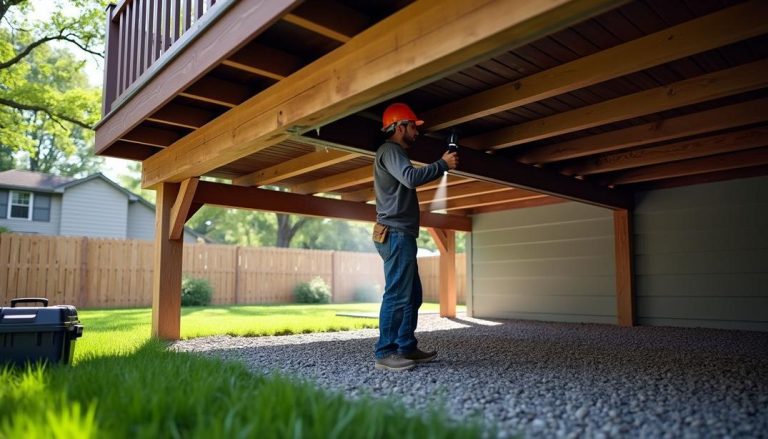 A builder inspects beneath a deck roof, considering if this setup will under deck roof speed up rot of joists in damp conditions.