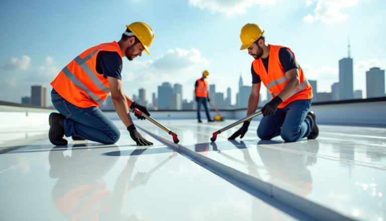Experts hard at work on roof crack repair with polyurea, ensuring long-lasting protection against the elements.
