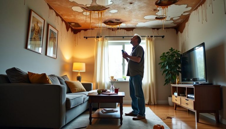 Discovering firsthand how much damage can a leaking roof cause, as water stains and drips transform a cozy living room into a costly repair project.