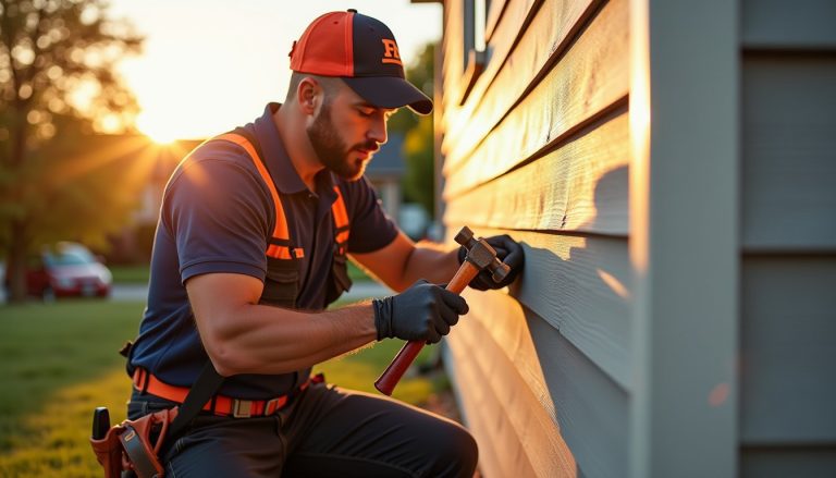A skilled worker focuses on precise roof siding repair as the sun sets on another successful day.