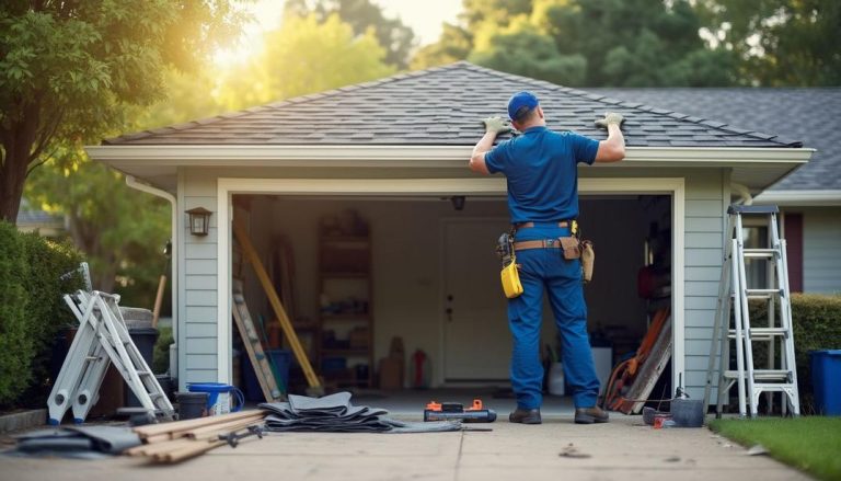 A skilled worker focuses on garage roof repair under a clear sky.