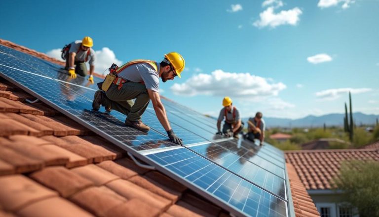 Skilled professionals install solar panels under the sunny skies of Glendale, emphasizing sustainable energy solutions in roofing.