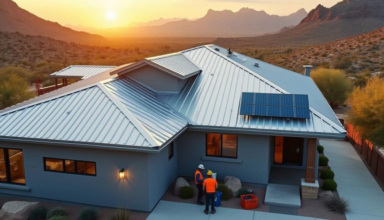 Sunset highlights the elegance and durability of metal roofing in Arizona, with solar panels adding a sustainable touch.