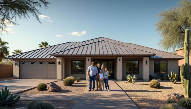 A happy family stands in front of their modern desert home, showcasing the durability and style of metal roofing in Arizona.