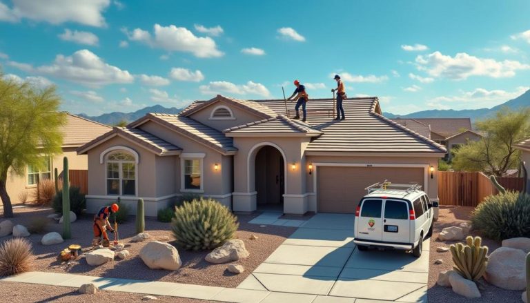 Roofers at work on a sunny Arizona day make you wonder, "How much does a new roof cost in Arizona?" - Stonecreek Roofing Roofers at work on a sunny Arizona day make you wonder, "How much does a new roof cost in Arizona?"