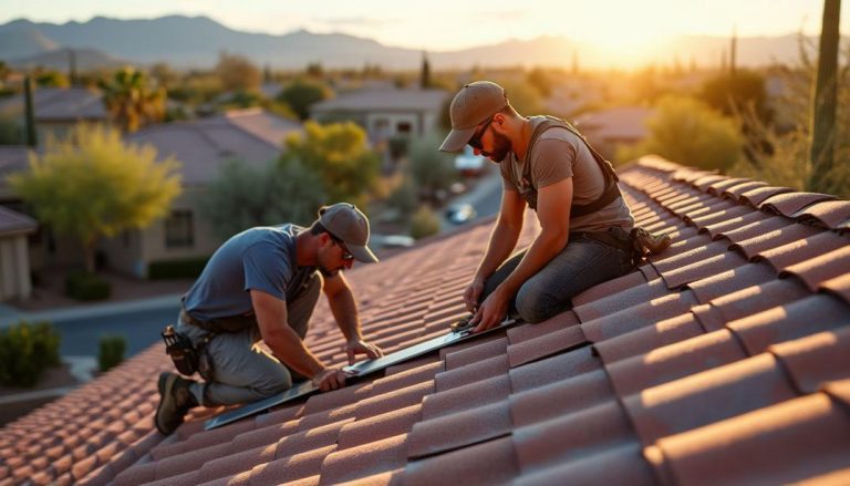 Sunset over the Arizona rooftops as skilled workers tackle a project. Considering the roof replacement cost in Arizona? Here's a peek into the process!